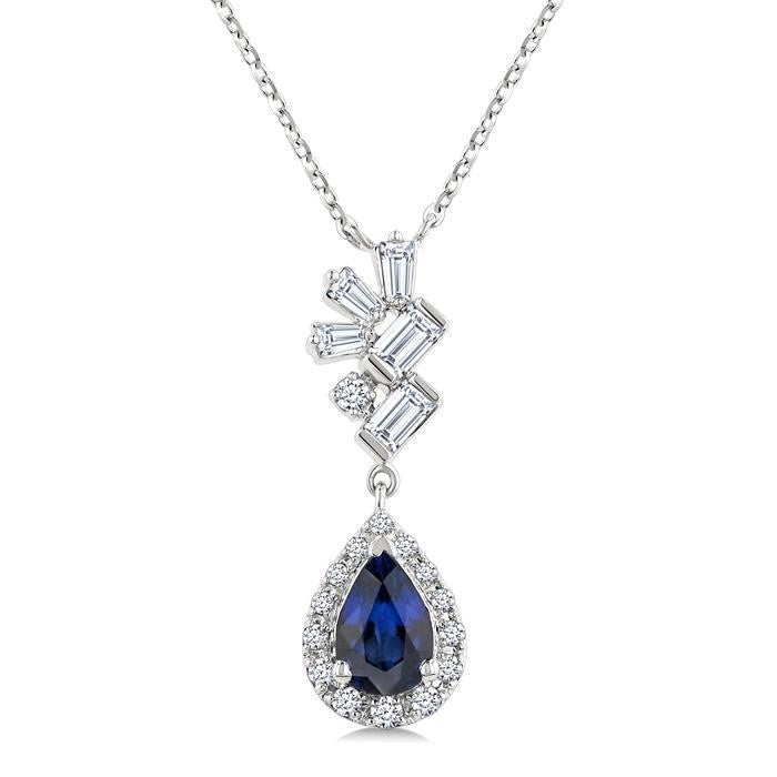 6X4MM Pear Cut  Sapphire, Round and 1/4 Ctw  Baguette Cut Scatter Diamond Precious Fashion Pendant With Chain in 10K White Gold