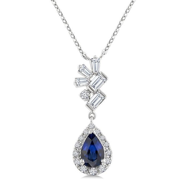 6X4MM Pear Cut  Sapphire, Round and 1/4 Ctw  Baguette Cut Scatter Diamond Precious Fashion Pendant With Chain in 10K White Gold
