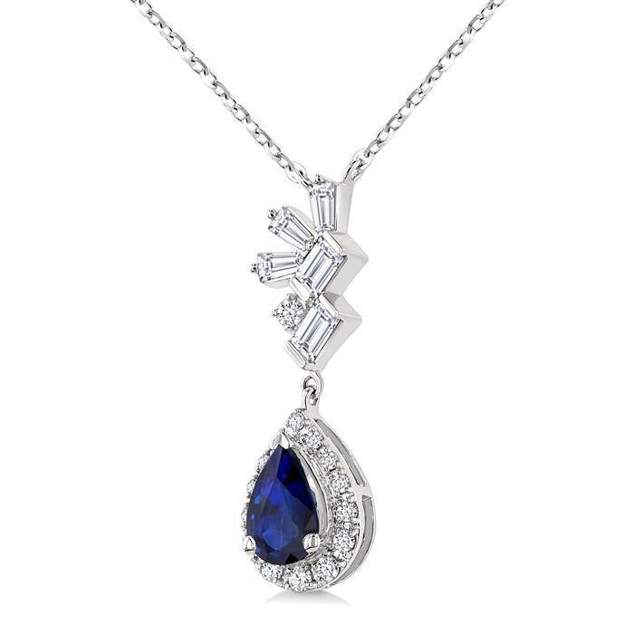6X4MM Pear Cut  Sapphire, Round and 1/4 Ctw  Baguette Cut Scatter Diamond Precious Fashion Pendant With Chain in 10K White Gold