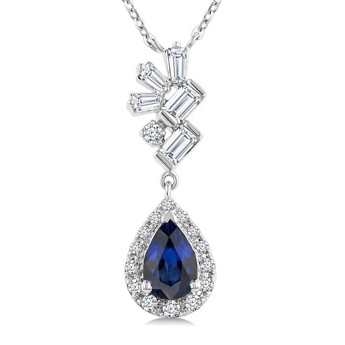 6X4MM Pear Cut  Sapphire, Round and 1/4 Ctw  Baguette Cut Scatter Diamond Precious Fashion Pendant With Chain in 10K White Gold
