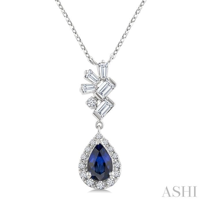 6X4MM Pear Cut  Sapphire, Round and 1/4 Ctw  Baguette Cut Scatter Diamond Precious Fashion Pendant With Chain in 10K White Gold