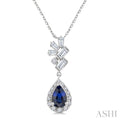 6X4MM Pear Cut  Sapphire, Round and 1/4 Ctw  Baguette Cut Scatter Diamond Precious Fashion Pendant With Chain in 10K White Gold
