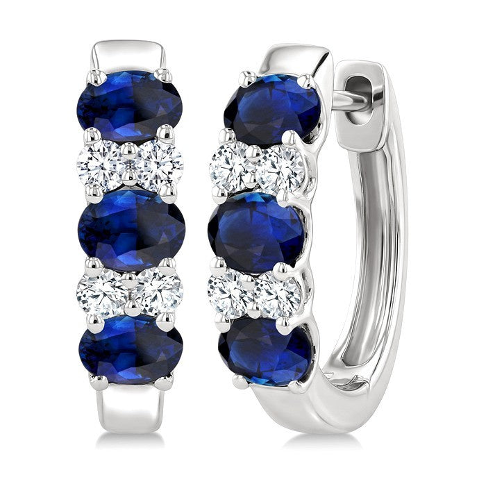 4X3 Oval Shape sapphire and 1/4 Ctw Round Cut Diamond Precious Hoop Earrings in 10K White Gold