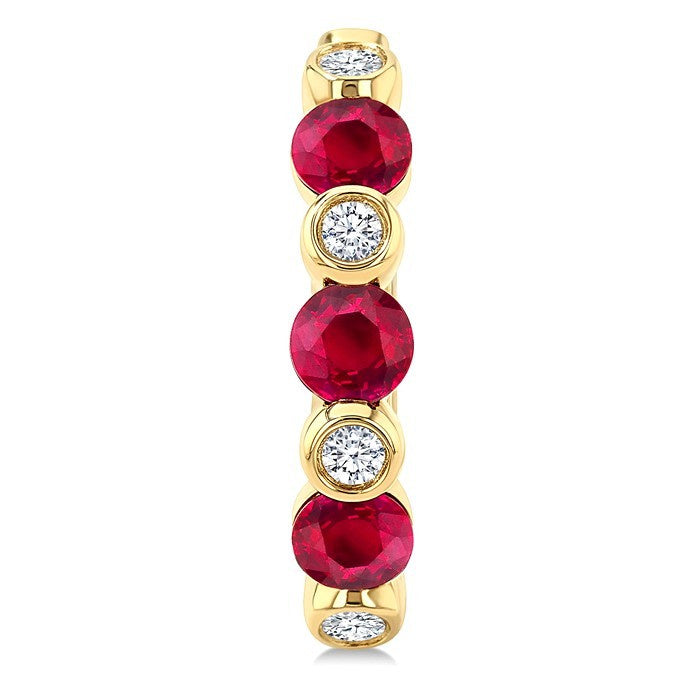 2.60 MM Round Shape Ruby and 1/10 Ctw Round Cut Diamond Precious Hoop Earrings in 10K Yellow Gold