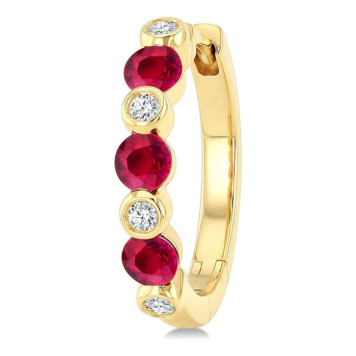 2.60 MM Round Shape Ruby and 1/10 Ctw Round Cut Diamond Precious Hoop Earrings in 10K Yellow Gold