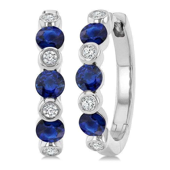 2.60 MM Round Shape Sapphire and 1/10 Ctw Round Cut Diamond Precious Hoop Earrings in 10K White Gold