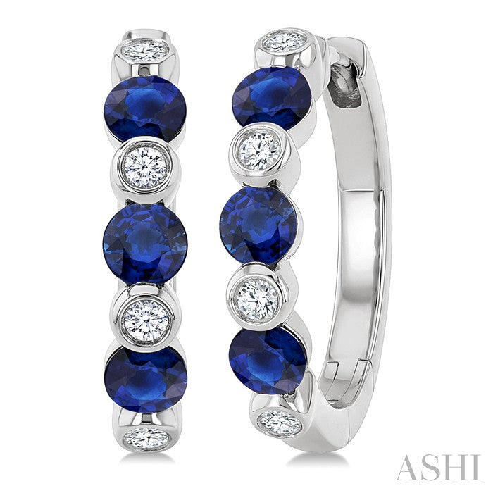 2.60 MM Round Shape Sapphire and 1/10 Ctw Round Cut Diamond Precious Hoop Earrings in 10K White Gold