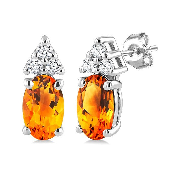 1/20 Ctw Oval Cut 5X3 MM Citrine and Round Cut Diamond semi-precious Earrings in 14K White Gold