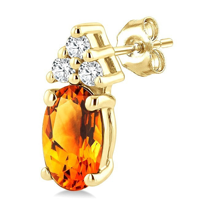 1/20 Ctw Oval Cut 5X3 MM Citrine and Round Cut Diamond semi-precious Earrings in 14K Yellow Gold