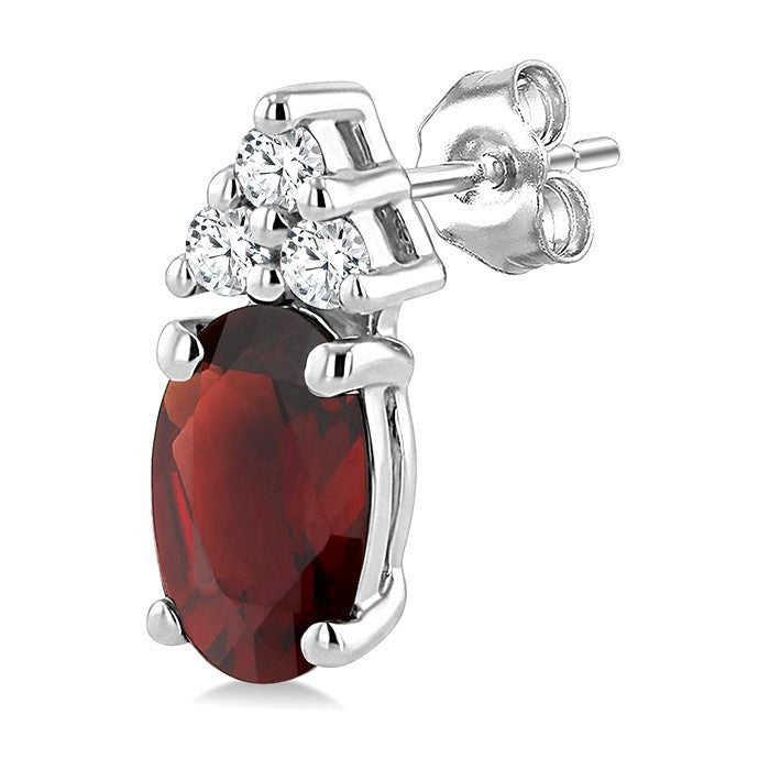 1/20 Ctw Oval Cut 5X3 MM Garnet and Round Cut Diamond semi-precious Earrings in 14K White Gold