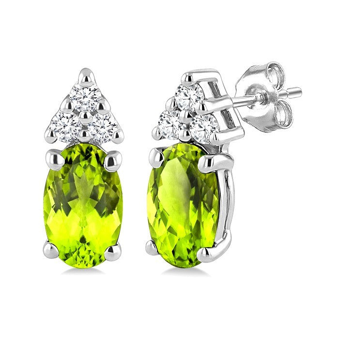 1/20 Ctw Oval Cut 5X3 MM Peridot and Round Cut Diamond semi-precious Earrings in 14K White Gold