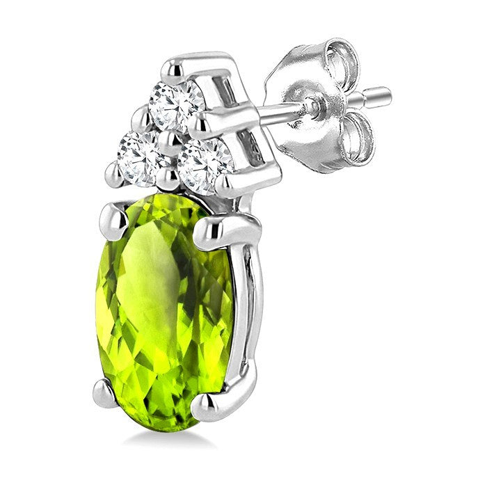 1/20 Ctw Oval Cut 5X3 MM Peridot and Round Cut Diamond semi-precious Earrings in 14K White Gold
