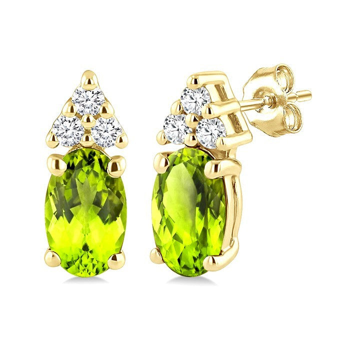 1/20 Ctw Oval Cut 5X3 MM Peridot and Round Cut Diamond semi-precious Earrings in 14K Yellow Gold