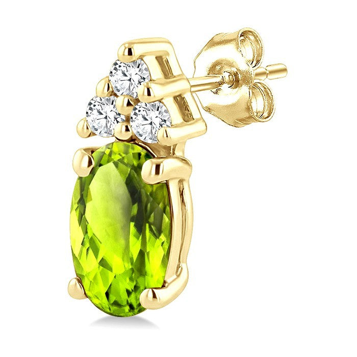 1/20 Ctw Oval Cut 5X3 MM Peridot and Round Cut Diamond semi-precious Earrings in 14K Yellow Gold