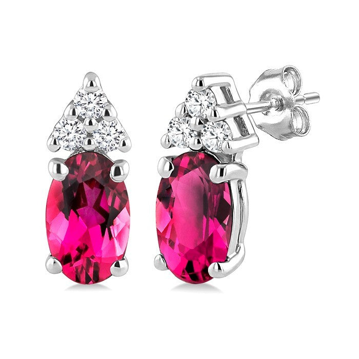 1/20 Ctw Oval Cut 5X3 MM Pink Tourmaline and Round Cut Diamond semi-precious Earrings in 14K White Gold