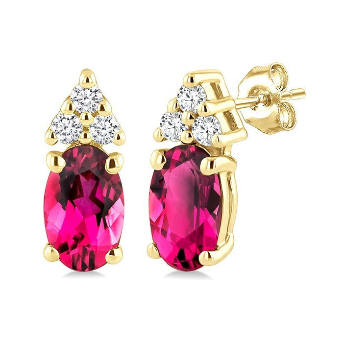 1/20 Ctw Oval Cut 5X3 MM Pink Tourmaline and Round Cut Diamond semi-precious Earrings in 14K Yellow Gold