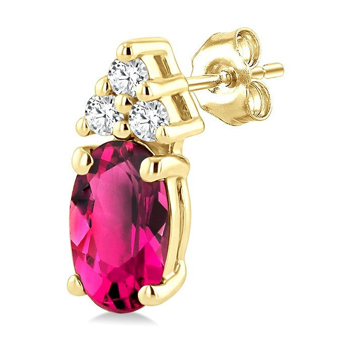 1/20 Ctw Oval Cut 5X3 MM Pink Tourmaline and Round Cut Diamond semi-precious Earrings in 14K Yellow Gold