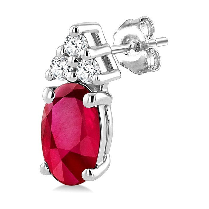 1/20 Ctw Oval Cut 5X3 MM Ruby and Round Cut Diamond Precious Earrings in 14K White Gold