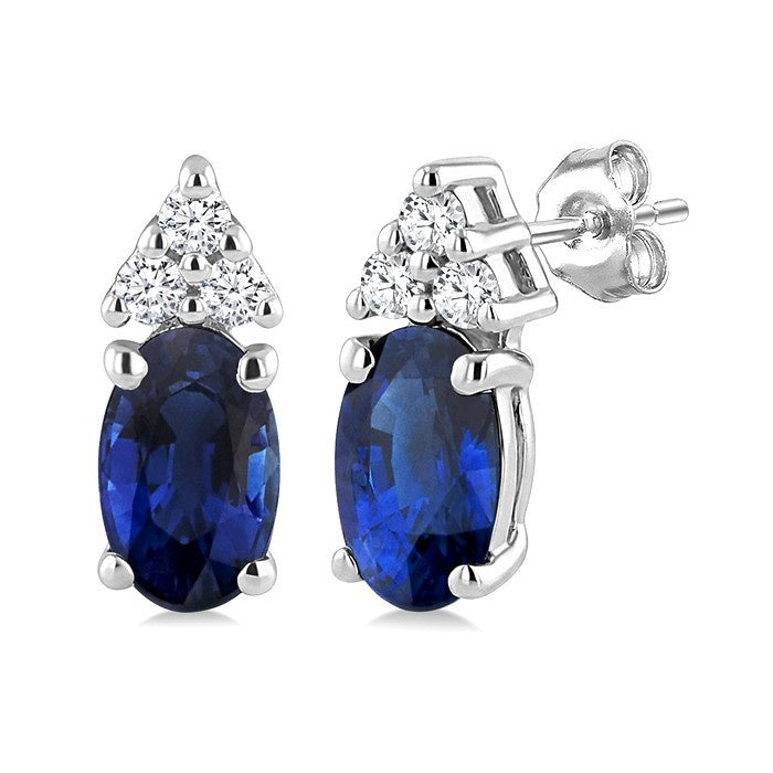 1/20 Ctw Oval Cut 5X3 MM Sapphire and Round Cut Diamond Precious Earrings in 14K White Gold