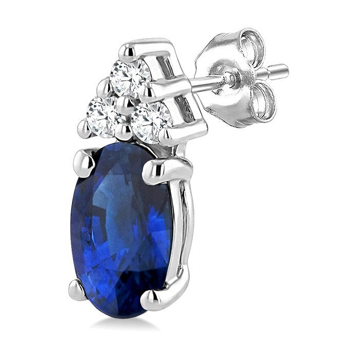 1/20 Ctw Oval Cut 5X3 MM Sapphire and Round Cut Diamond Precious Earrings in 14K White Gold