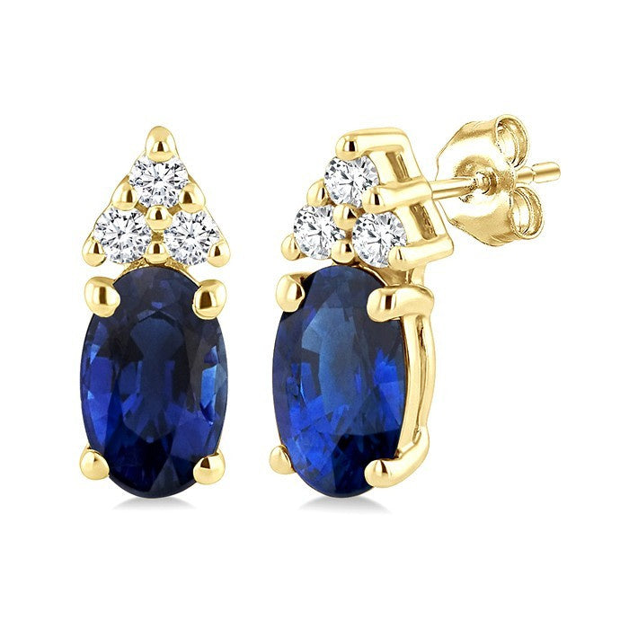 1/20 Ctw Oval Cut 5X3 MM Sapphire and Round Cut Diamond Precious Earrings in 14K Yellow Gold