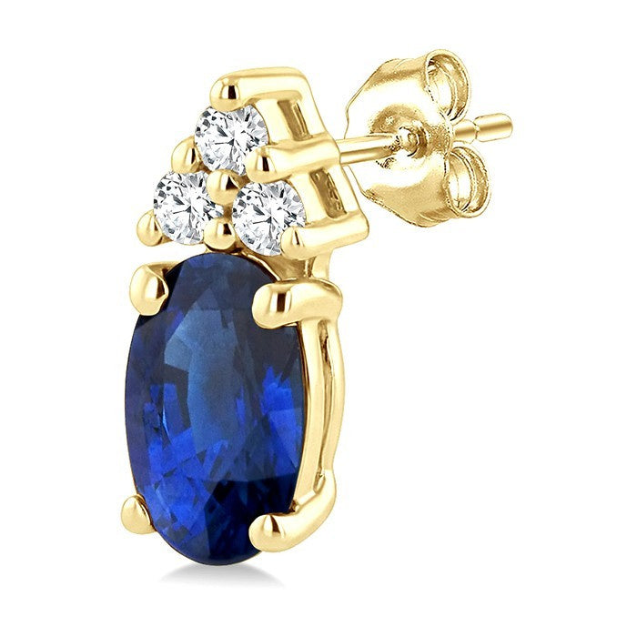 1/20 Ctw Oval Cut 5X3 MM Sapphire and Round Cut Diamond Precious Earrings in 14K Yellow Gold