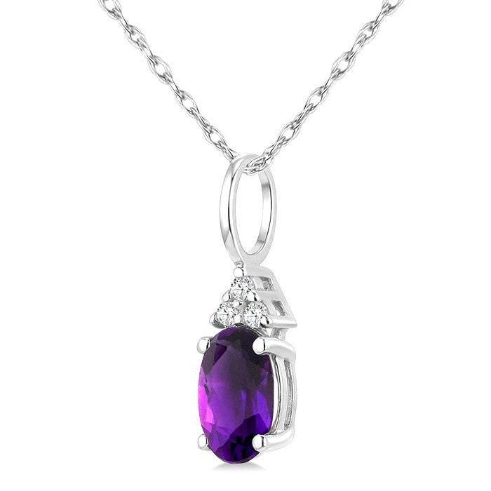 1/50 Ctw Oval Cut 6X4 MM Amethyst and Round Cut Diamond semi-precious Pendant With Chain in 14K White Gold