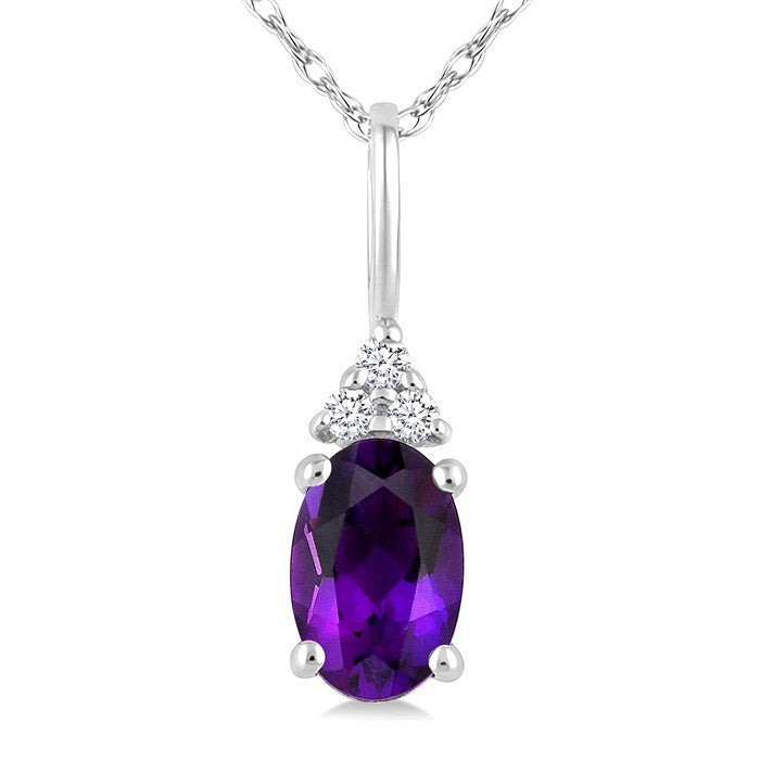 1/50 Ctw Oval Cut 6X4 MM Amethyst and Round Cut Diamond semi-precious Pendant With Chain in 14K White Gold