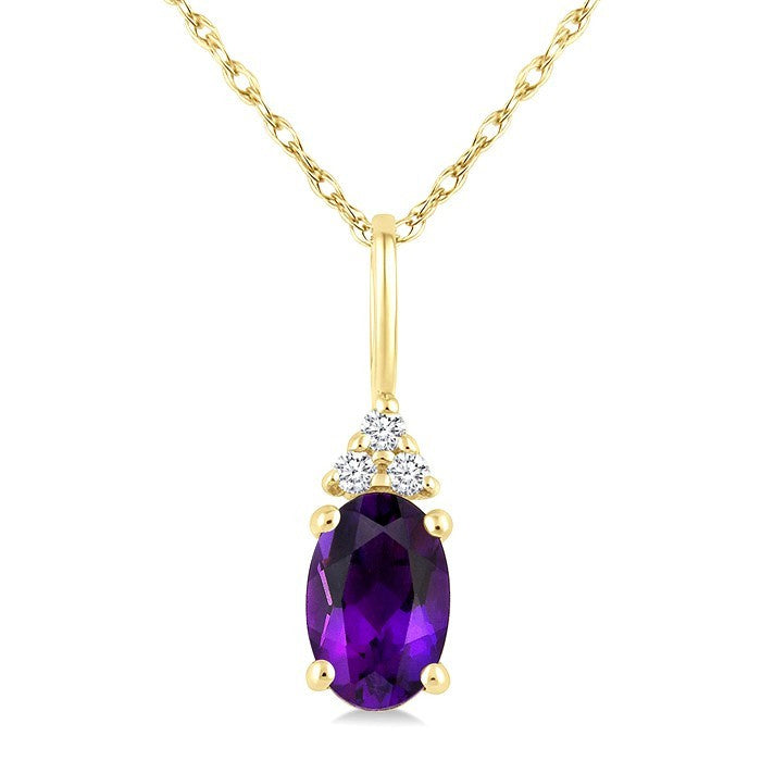 1/50 Ctw Oval Cut 6X4 MM Amethyst and Round Cut Diamond semi-precious Pendant With Chain in 14K Yellow Gold