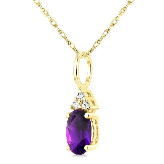 1/50 Ctw Oval Cut 6X4 MM Amethyst and Round Cut Diamond semi-precious Pendant With Chain in 14K Yellow Gold