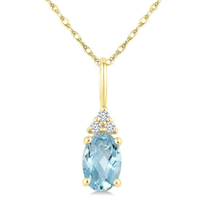 1/50 Ctw Oval Cut 6X4 MM Aquamarine and Round Cut Diamond semi-precious Pendant With Chain in 14K Yellow Gold