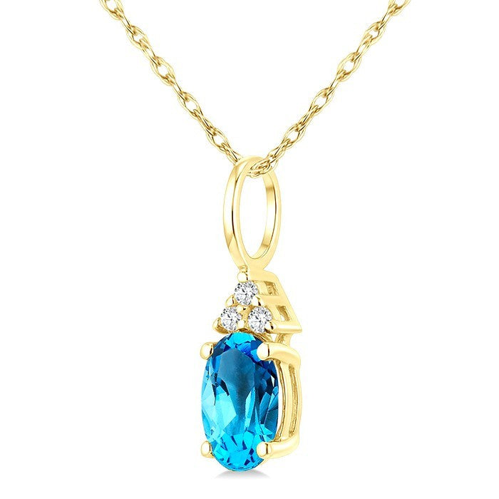 1/50 Ctw Oval Cut 6X4 MM Blue Topaz and Round Cut Diamond semi-precious Pendant With Chain in 14K Yellow Gold