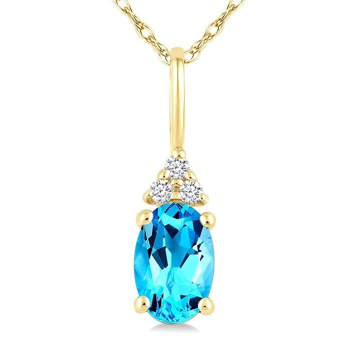 1/50 Ctw Oval Cut 6X4 MM Blue Topaz and Round Cut Diamond semi-precious Pendant With Chain in 14K Yellow Gold