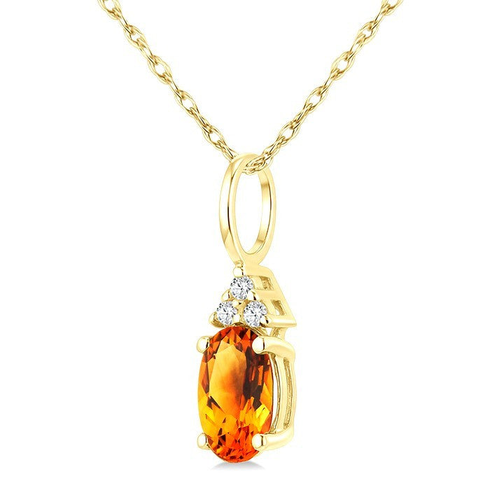 1/50 Ctw Oval Cut 6X4 MM Citrine and Round Cut Diamond semi-precious Pendant With Chain in 14K Yellow Gold