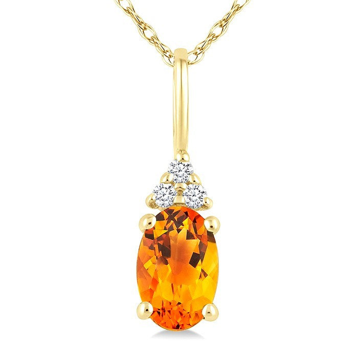 1/50 Ctw Oval Cut 6X4 MM Citrine and Round Cut Diamond semi-precious Pendant With Chain in 14K Yellow Gold