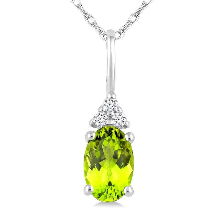 1/50 Ctw Oval Cut 6X4 MM Peridot and Round Cut Diamond Semi-Precious Pendant With Chain in 14K White Gold