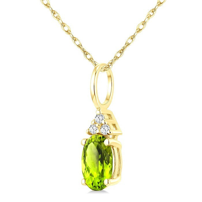 1/50 Ctw Oval Cut 6X4 MM Peridot and Round Cut Diamond Semi-Precious Pendant With Chain in 14K Yellow Gold