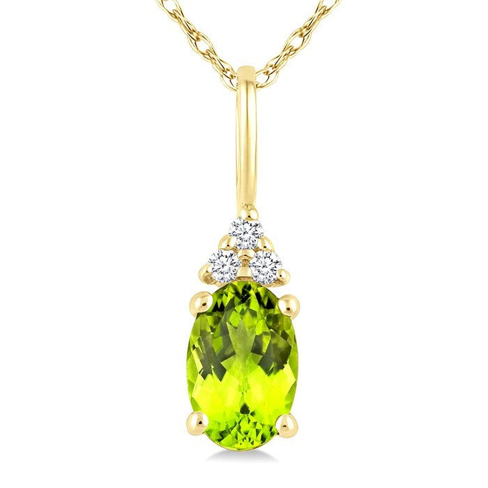 1/50 Ctw Oval Cut 6X4 MM Peridot and Round Cut Diamond Semi-Precious Pendant With Chain in 14K Yellow Gold