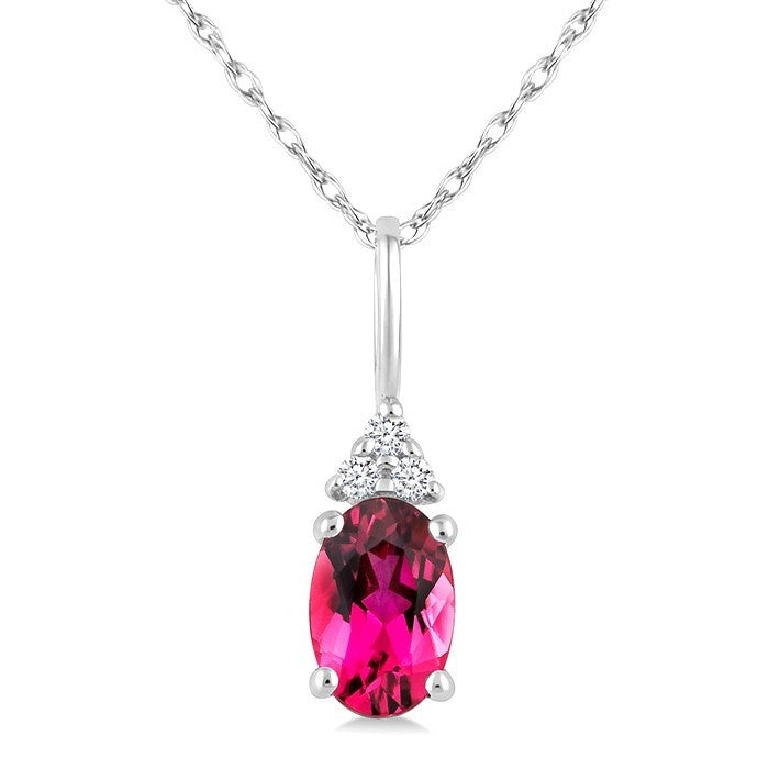 1/50 Ctw Oval Cut 6X4 MM Pink Tourmaline and Round Cut Diamond Semi-Precious Pendant With Chain in 14K White Gold