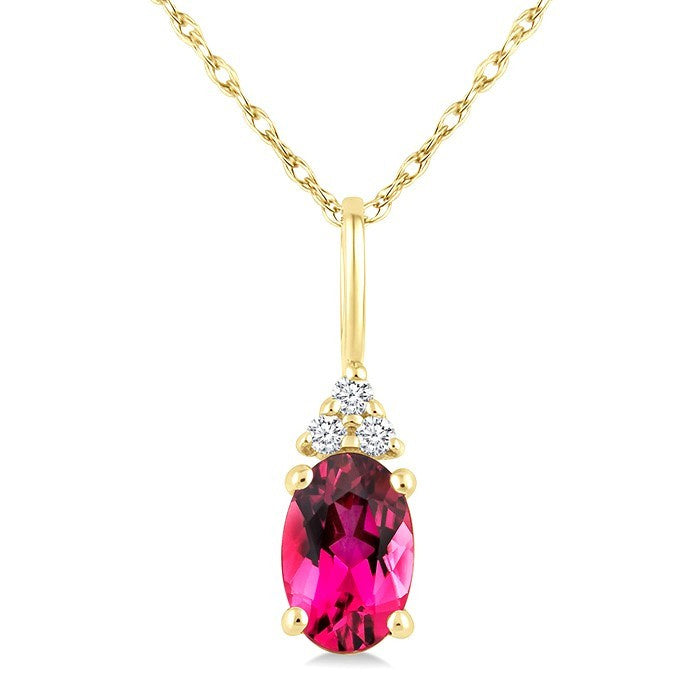 1/50 Ctw Oval Cut 6X4 MM Pink Tourmaline and Round Cut Diamond Semi-Precious Pendant With Chain in 14K Yellow Gold