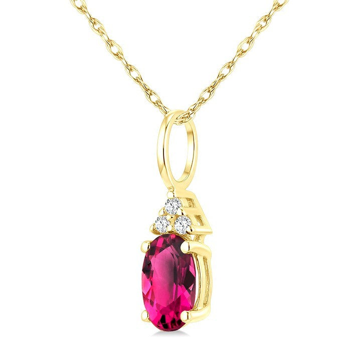 1/50 Ctw Oval Cut 6X4 MM Pink Tourmaline and Round Cut Diamond Semi-Precious Pendant With Chain in 14K Yellow Gold