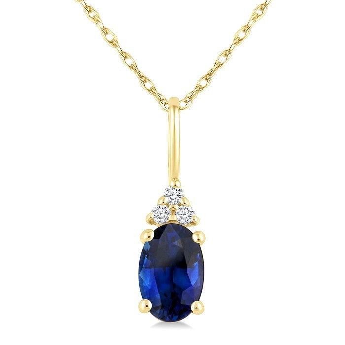 1/50 Ctw Oval Cut 6X4 MM Sapphire and Round Cut Diamond Precious Pendant With Chain in 14K Yellow Gold