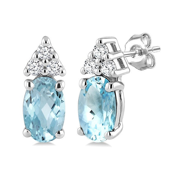 1/20 Ctw Oval Cut 5X3 MM Aquamarine and Round Cut Diamond semi-precious Earrings in 10K White Gold