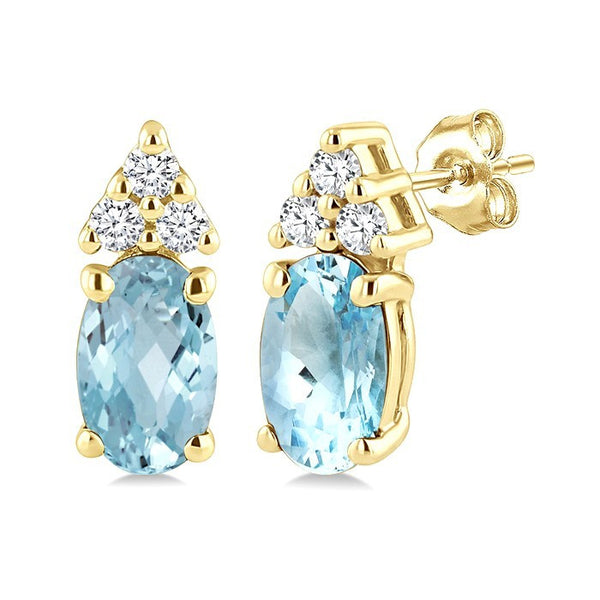 1/20 Ctw Oval Cut 5X3 MM Aquamarine and Round Cut Diamond semi-precious Earrings in 10K Yellow Gold