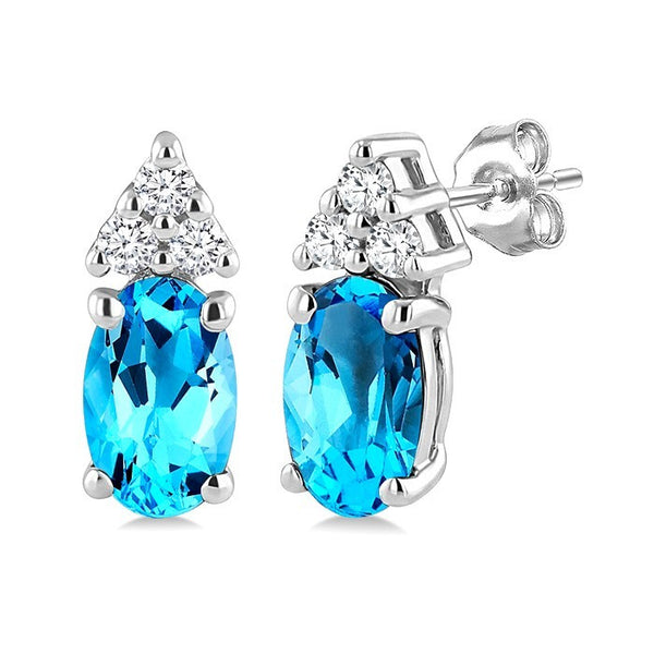 1/20 Ctw Oval Cut 5X3 MM Blue Topaz and Round Cut Diamond semi-precious Earrings in 10K White Gold