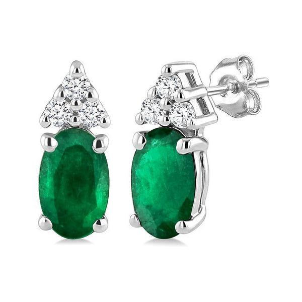 1/20 Ctw Oval Cut 5X3 MM Emerald and Round Cut Diamond Precious Earrings in 10K White Gold