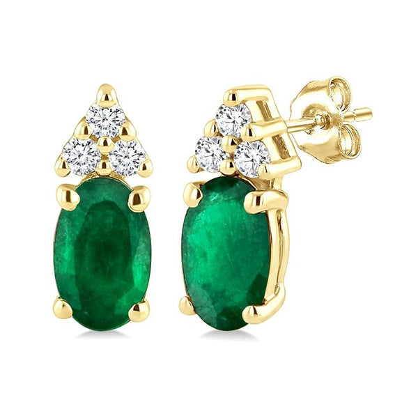 1/20 Ctw Oval Cut 5X3 MM Emerald and Round Cut Diamond Precious Earrings in 10K Yellow Gold