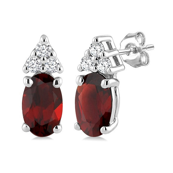 1/20 Ctw Oval Cut 5X3 MM Garnet and Round Cut Diamond semi-precious Earrings in 10K White Gold