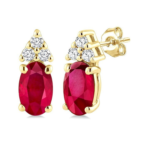 1/20 Ctw Oval Cut 5X3 MM Ruby and Round Cut Diamond Precious Earrings in 10K Yellow Gold
