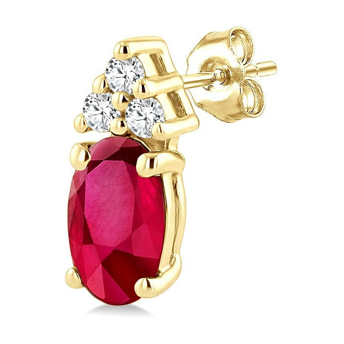 1/20 Ctw Oval Cut 5X3 MM Ruby and Round Cut Diamond Precious Earrings in 10K Yellow Gold